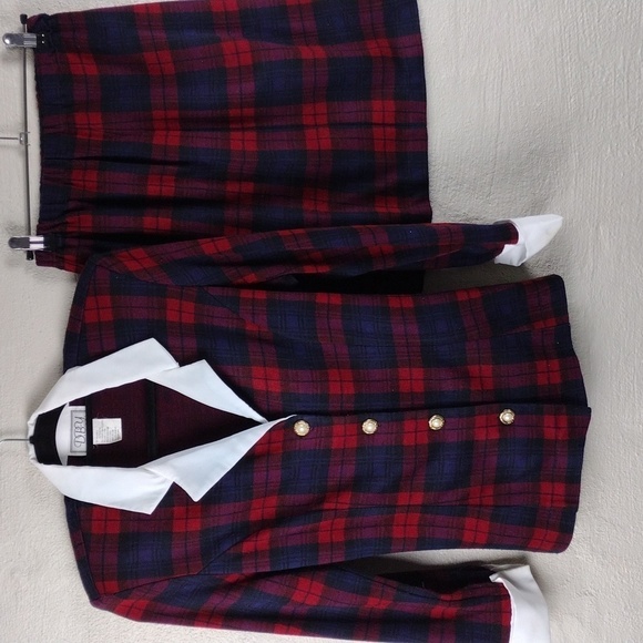 D.B.Y. Red Blue Tartan One Notched Button Long Sleeve Elastic Pull On Skirt Set - Picture 16 of 16